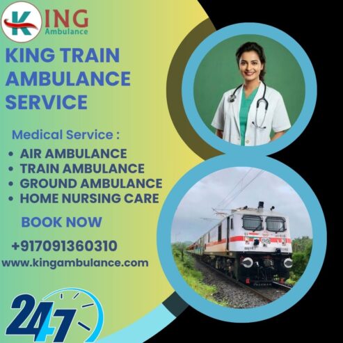 King Train Ambulance Service in Guwahati provides services like ICU, Oxygen, etc.