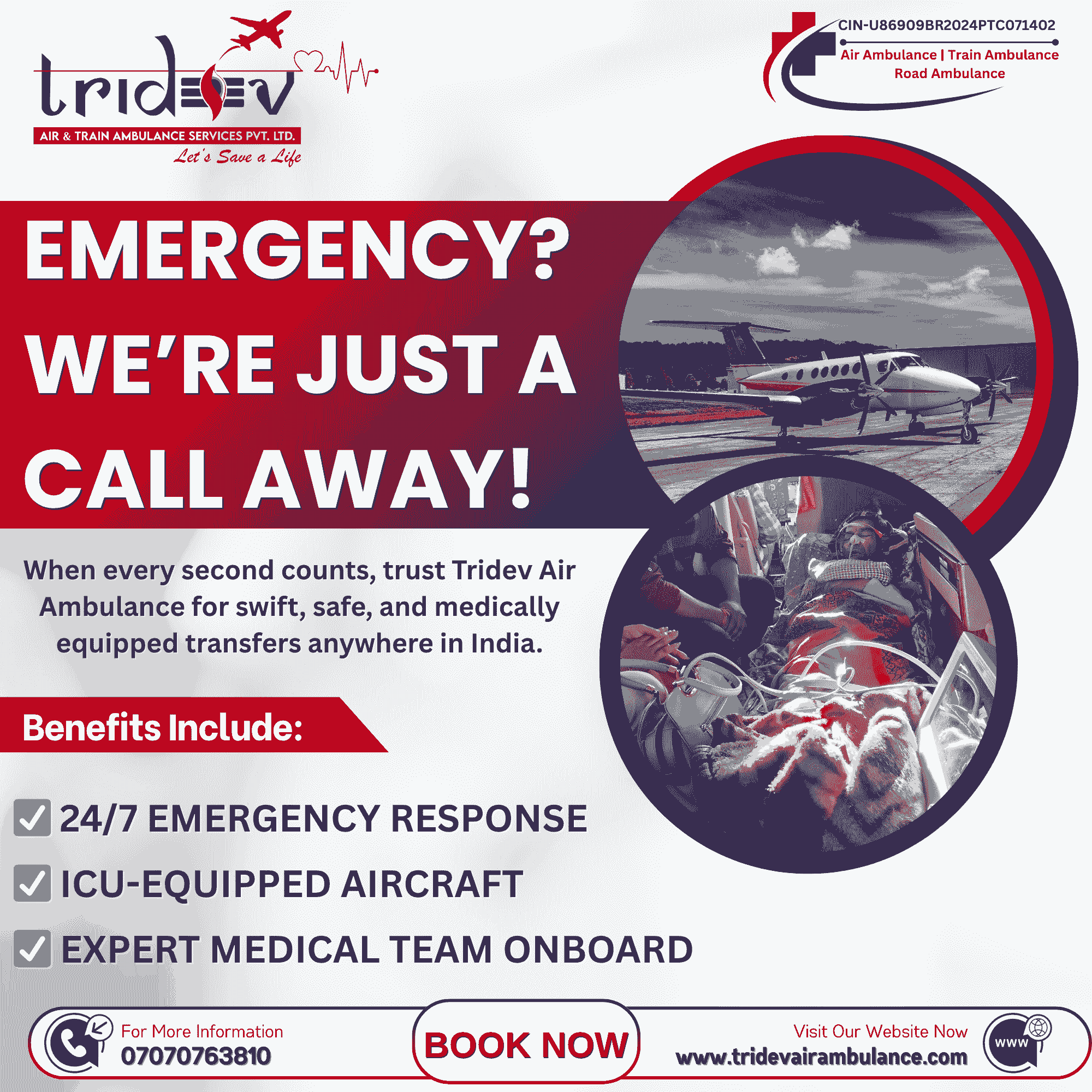 24/7 Tridev Air Ambulance Kolkata – Fast ICU Medical Transfer