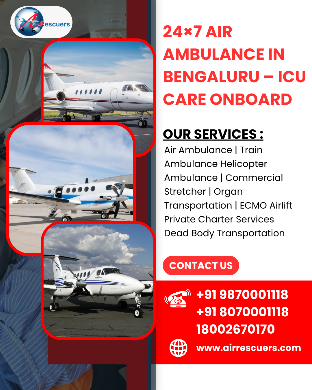 24×7 Air Ambulance in Bengaluru – ICU Care Onboard